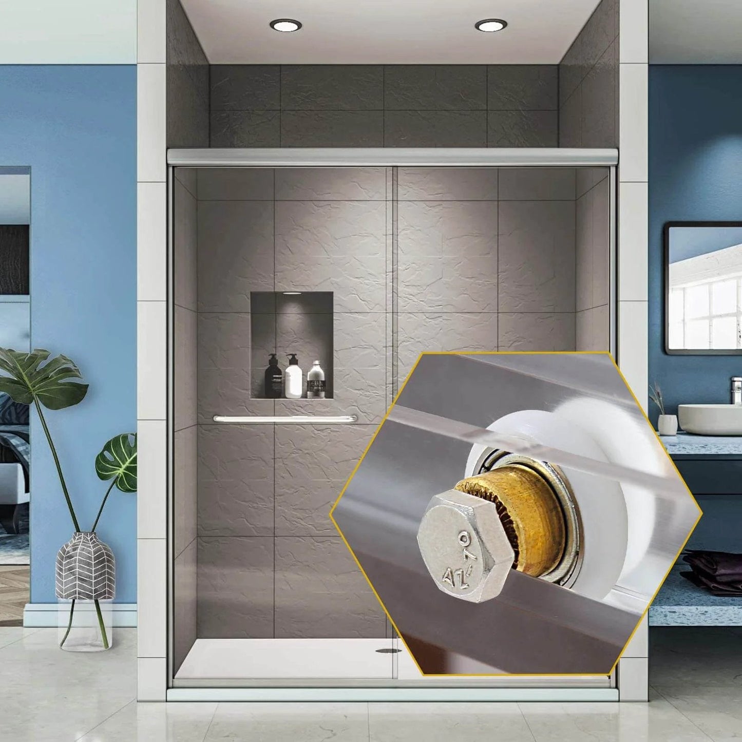 Close-up of 4PCS Shower Door Roller Runners 19mm Sliding Replacement Wheels on bathroom glass door with copper roller detail.