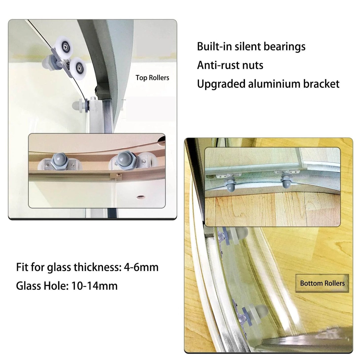 6PCS 23mm shower door rollers replacement with sliding wheels and runners, top and bottom brackets on curved glass door