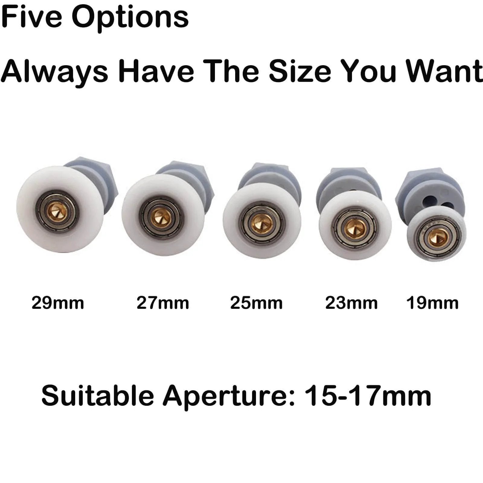 Five shower door roller options with sizes 29mm to 19mm, copper rod pulleys, nylon runners, suitable aperture 15-17mm.