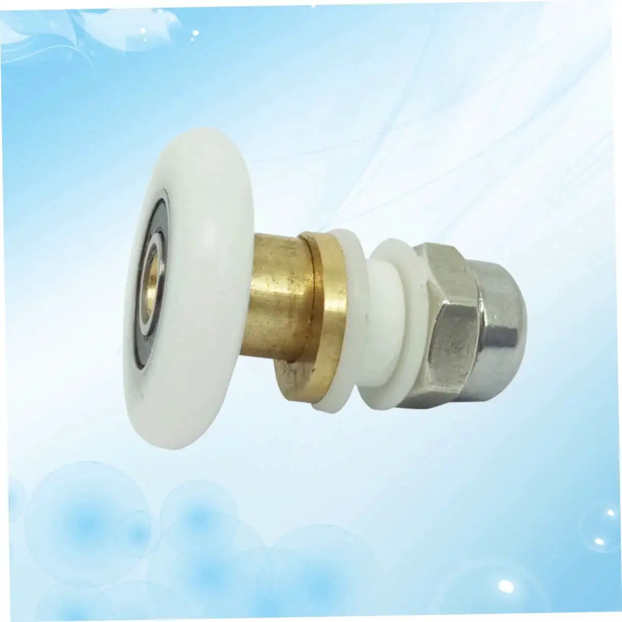 Close-up of stainless steel sliding door hanging roller from 4 pcs set for smooth cabinet and shower doors.
