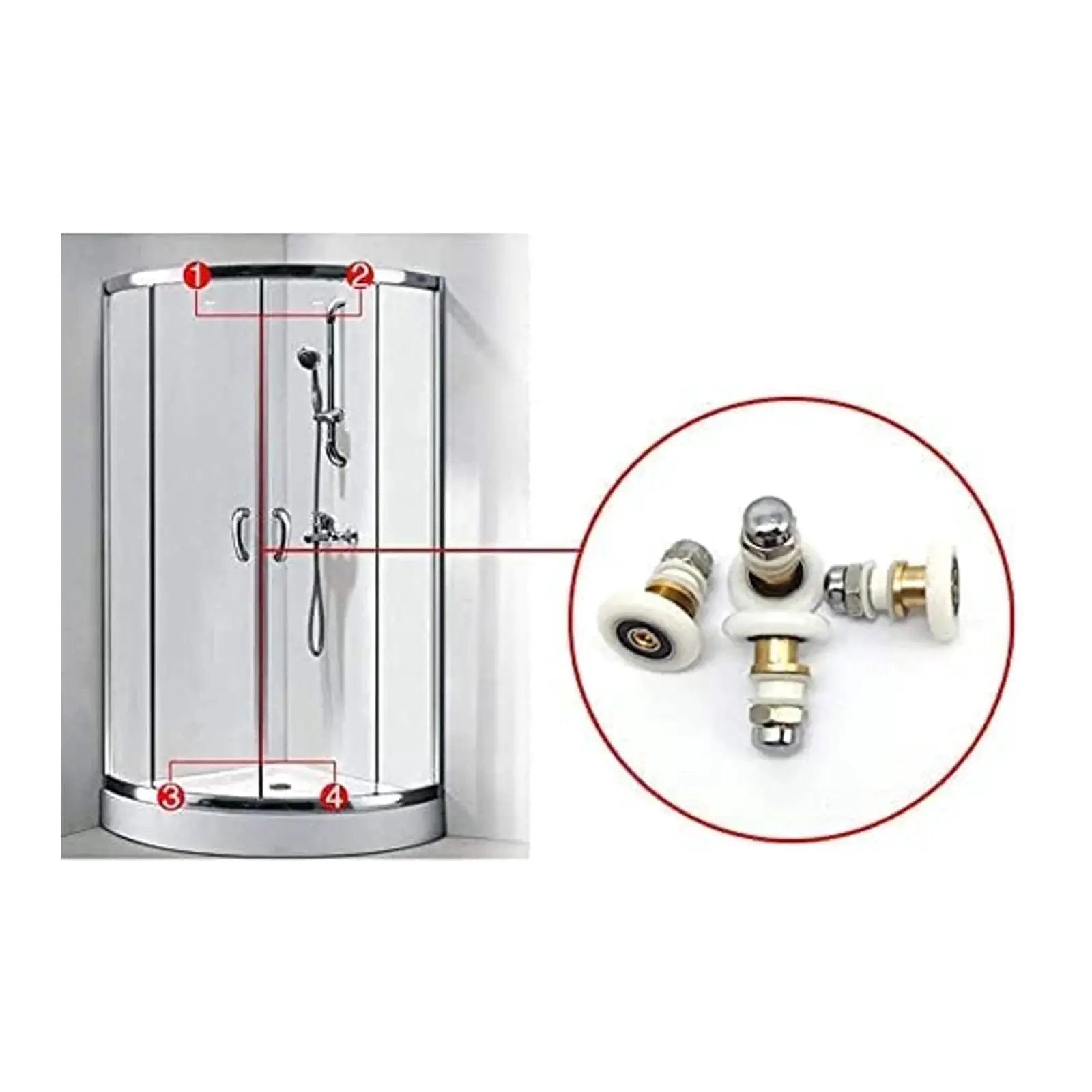 Shower enclosure with focus on 4 Pcs Shower Door Rollers Set 20mm Diameter For Glass Sliding Doors Replacement, showing roller details.