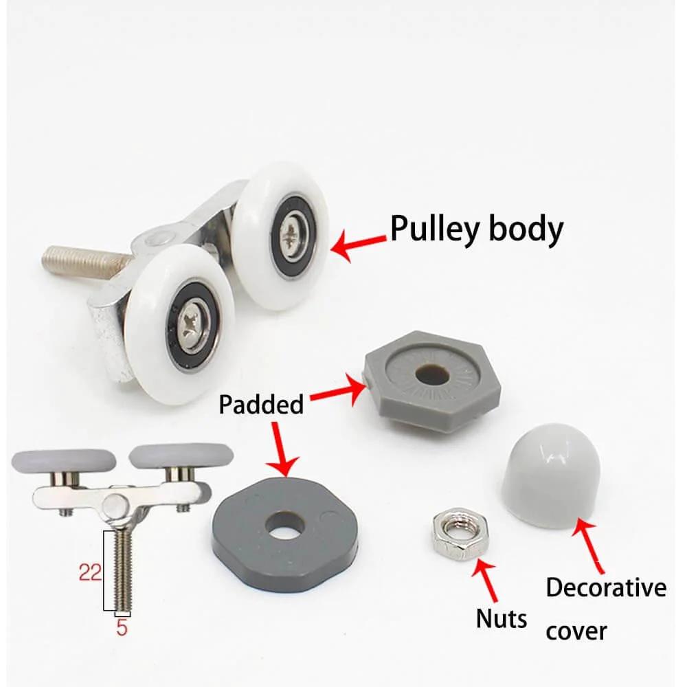 Components of 6PCS 23mm shower door rollers replacement with sliding wheels, runners, double pulleys for curved glass doors.