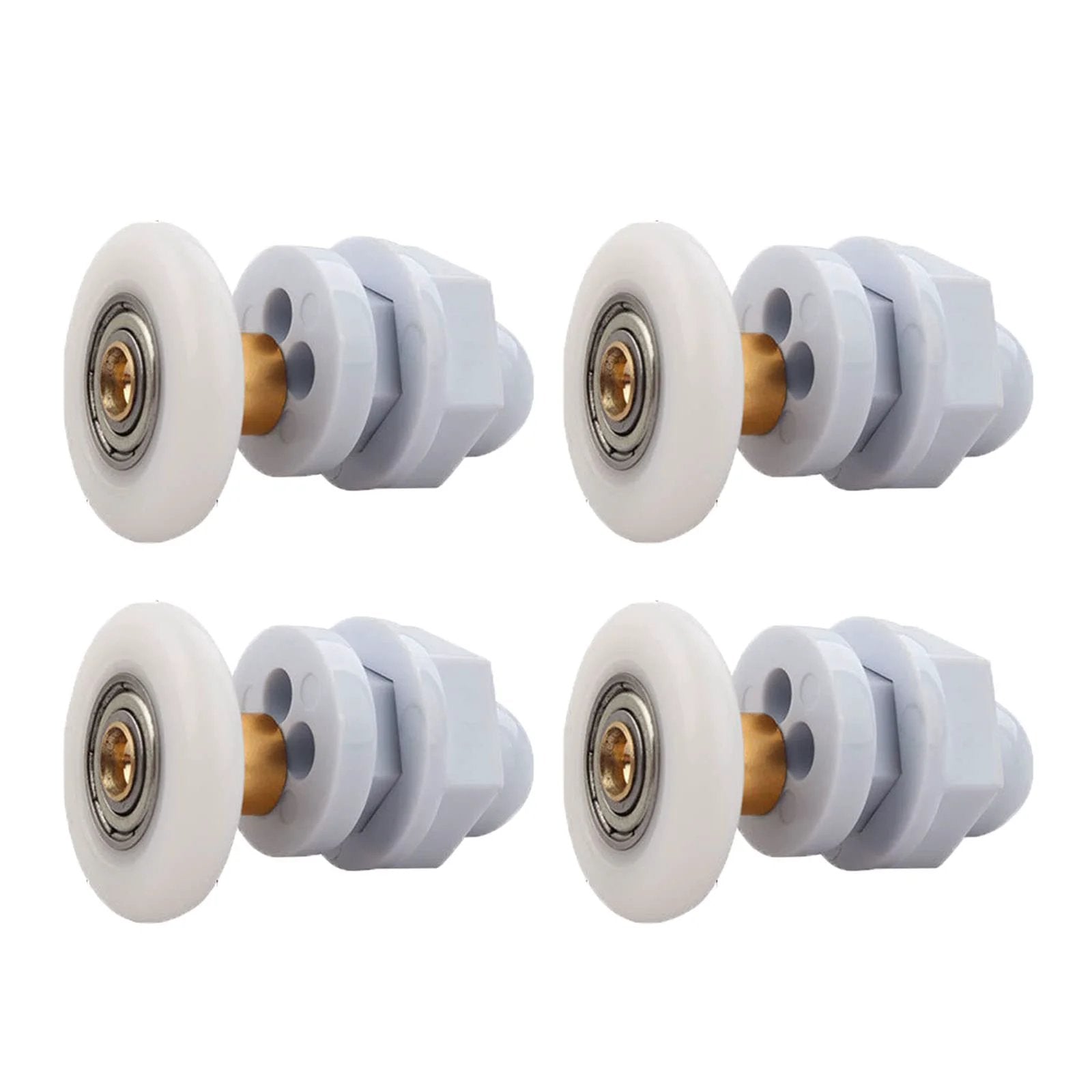 4PCS 27mm shower door rollers replacement with copper rod pulley, nylon runners, and stainless screws shown in set of four