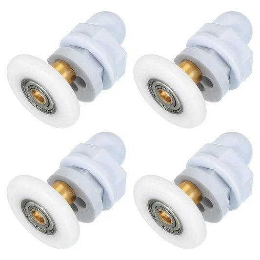 29mm Shower Door Rollers For Sliding Glass Doors Replacement Wheels Runners Copper Rod Pulleys For Bathroom Glass Doors 4 To 6 Mm Thick Glass With 15 To 17 Mm Hole Spacing Pack Of 4 White, showing four white and copper rollers on a white background.
