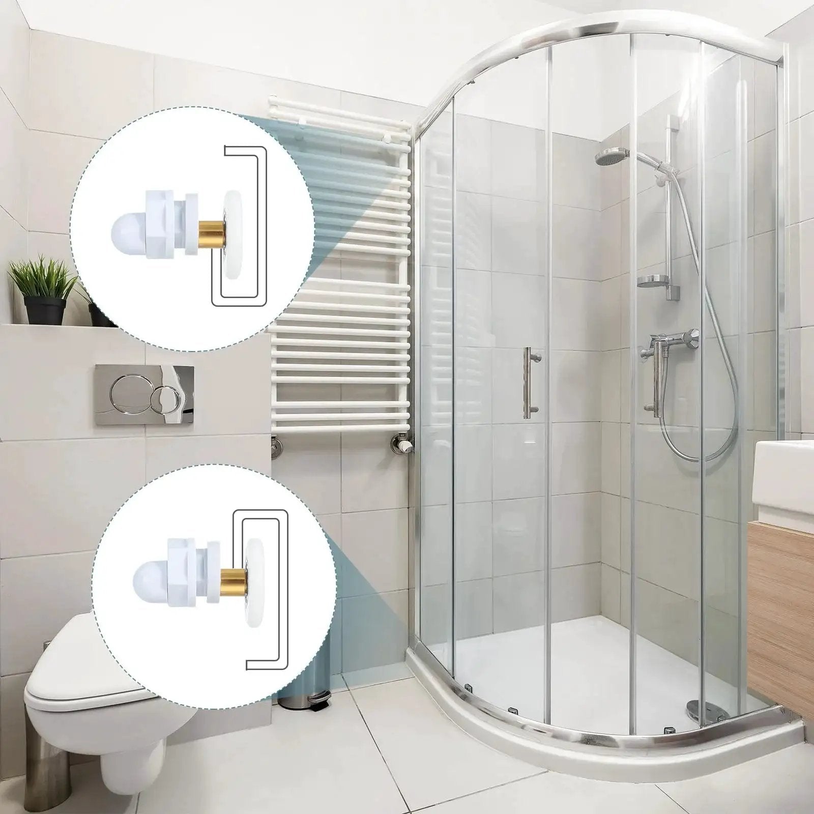 29mm Shower Door Rollers For Sliding Glass Doors Replacement Wheels Runners Copper Rod Pulleys For Bathroom Glass Doors 4 To 6 Mm Thick Glass With 15 To 17 Mm Hole Spacing Pack Of 4 White shown installed on a curved shower enclosure.