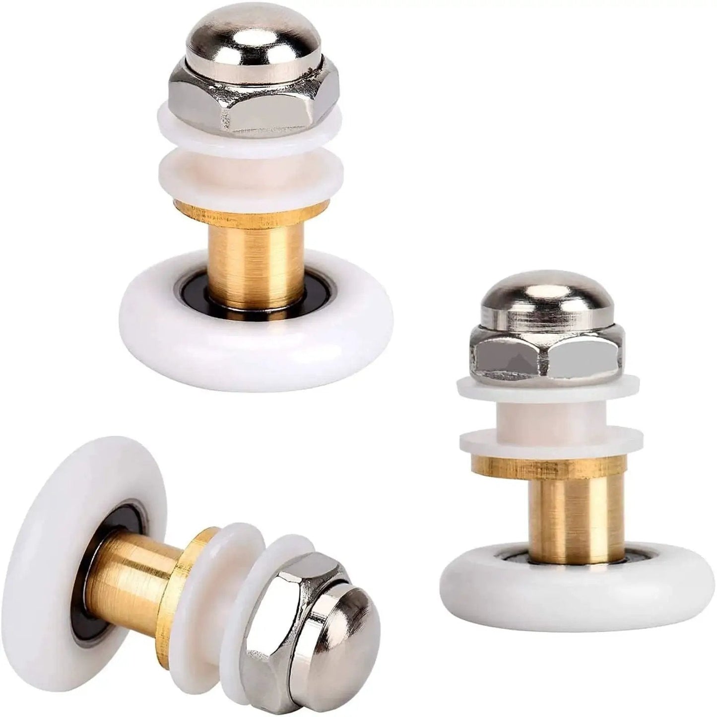 4 Pcs Shower Door Rollers Set 20mm Diameter For Glass Sliding Doors Replacement, close-up of copper and stainless steel parts.