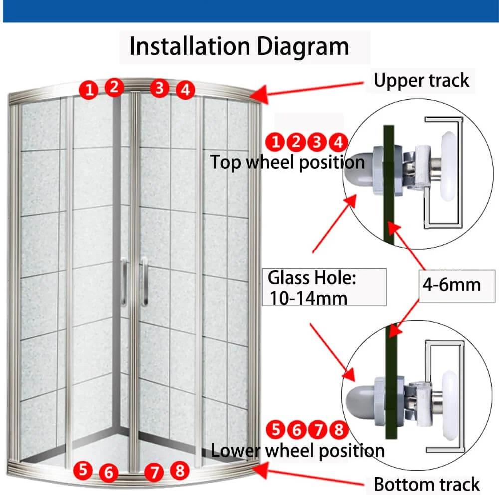 Installation guide for 6PCS 23mm shower door rollers replacement showing top and bottom track for curved glass doors.