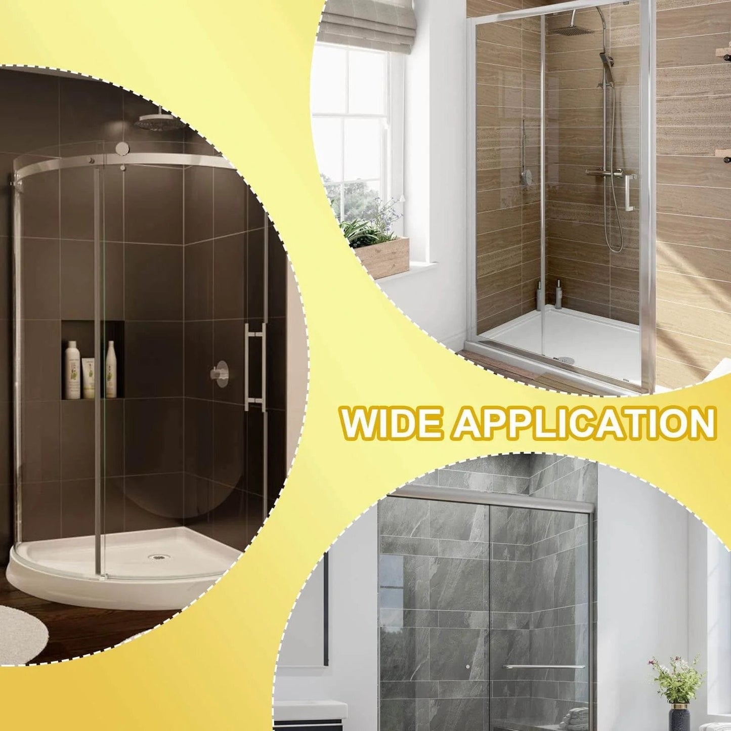 Collage of shower enclosures with text 'Wide Application' highlighting various bathroom settings for 4PCS Shower Door Roller Runners 19mm Sliding Replacement Wheels for Bathroom Glass Doors with Smooth Quiet Pulley Design POM and Copper Rollers for 4–6mm Shower Door Systems.