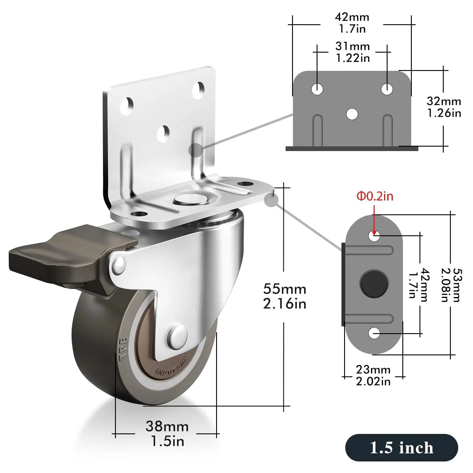 Side Mount Rubber Furniture Casters 1.5 Inch Set Of 4 With 360 Degree Swivel Locking Top Plate diagram and dimensions