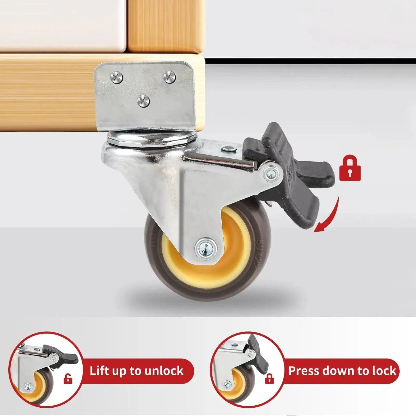 Side Mount Casters With Brake 2 Inch L Shaped Small Caster Wheels Set Of 4 attached to wooden furniture leg displaying lock mechanism