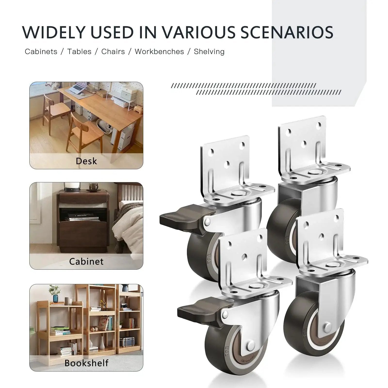 Side Mount Rubber Furniture Casters 1.5 Inch Set Of 4 With 360 Degree Swivel Locking Top Plate Two Braked And Two Non Braked