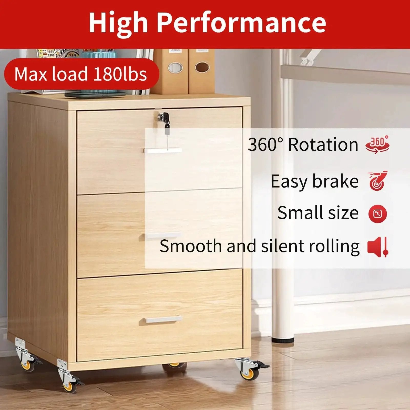 Wooden cabinet with 2 Inch L-Shaped Side Mount Casters With Brake visible, showing small caster wheels, 360-degree swivel, max 180 lbs load.