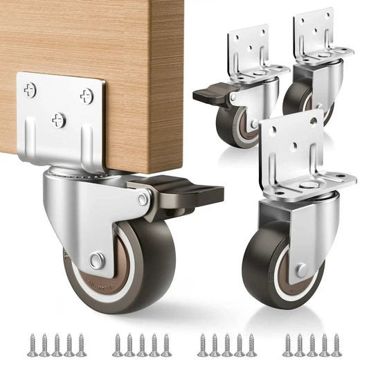 Side Mount Rubber Furniture Casters 1.5 Inch Set Of 4 With 360 Degree Swivel Locking Top Plate Two Braked And Two Non Braked