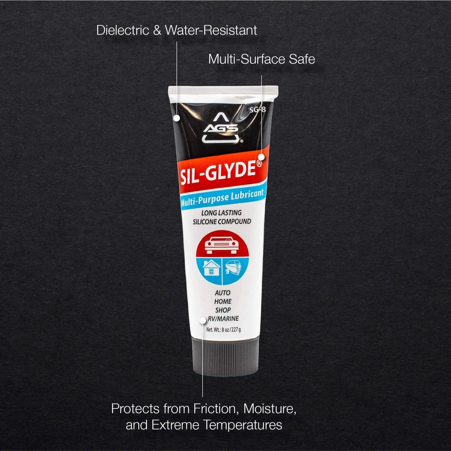 SIL-Glyde Multi-Purpose All-Weather Lubricating Compound for All Surfaces - 8 oz Tube with label detailing applications