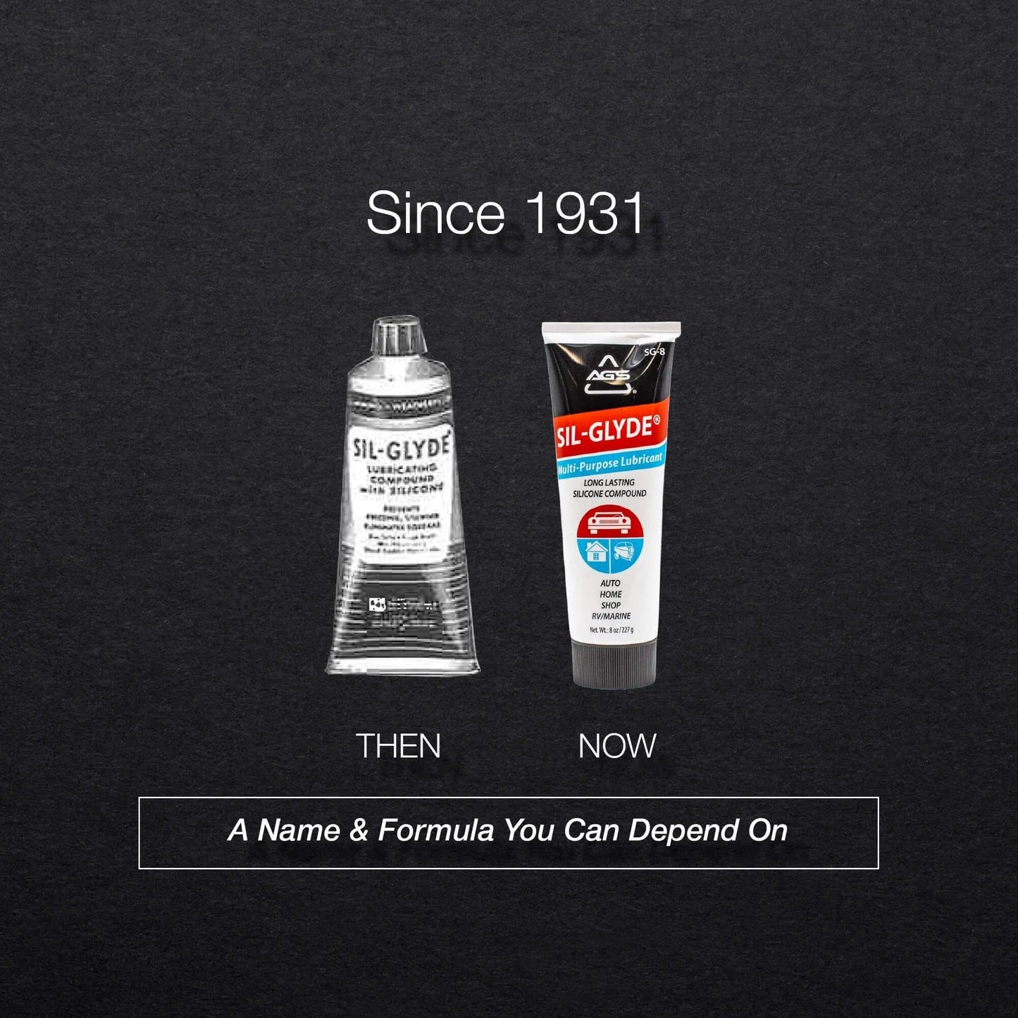 SIL-Glyde Multi-Purpose All-Weather Lubricating Compound for All Surfaces - 8 oz Tube, then and now packaging comparison