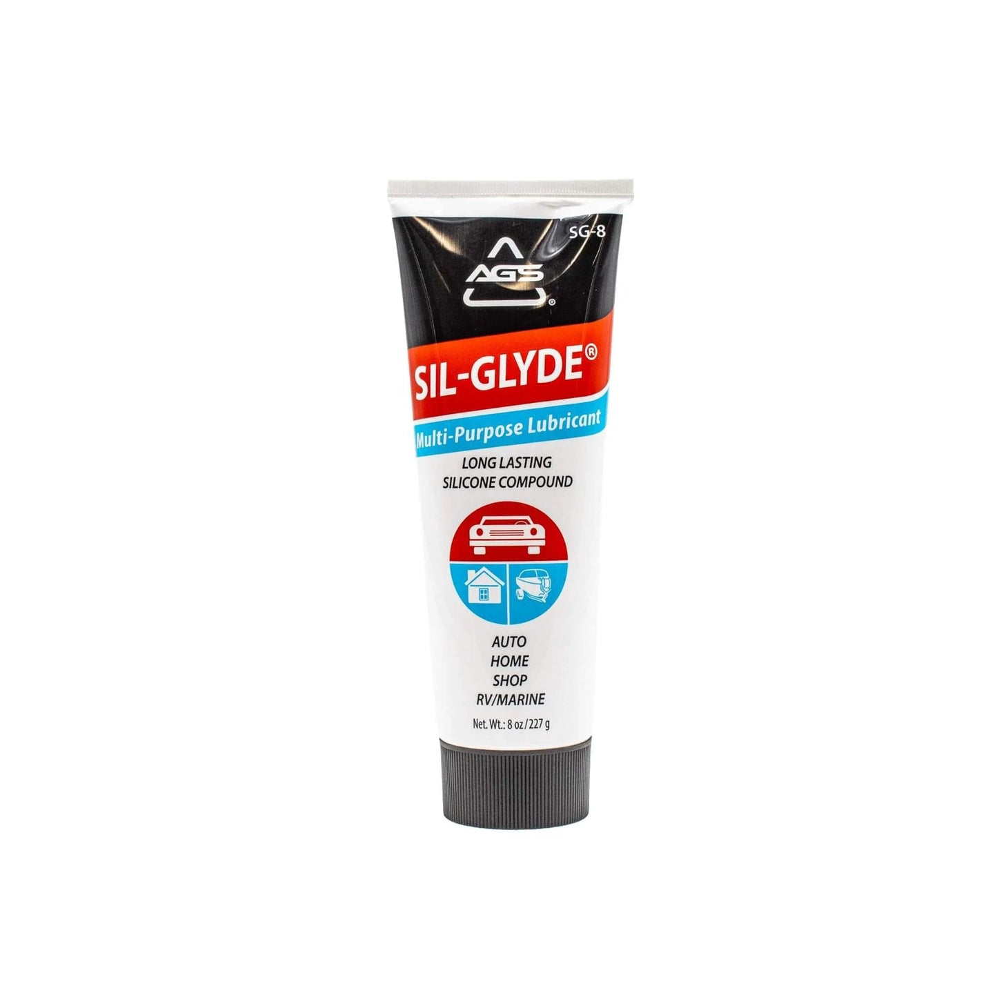 Front view of SIL-Glyde Multi-Purpose All-Weather Lubricating Compound for All Surfaces - 8 oz Tube, suitable for various uses.