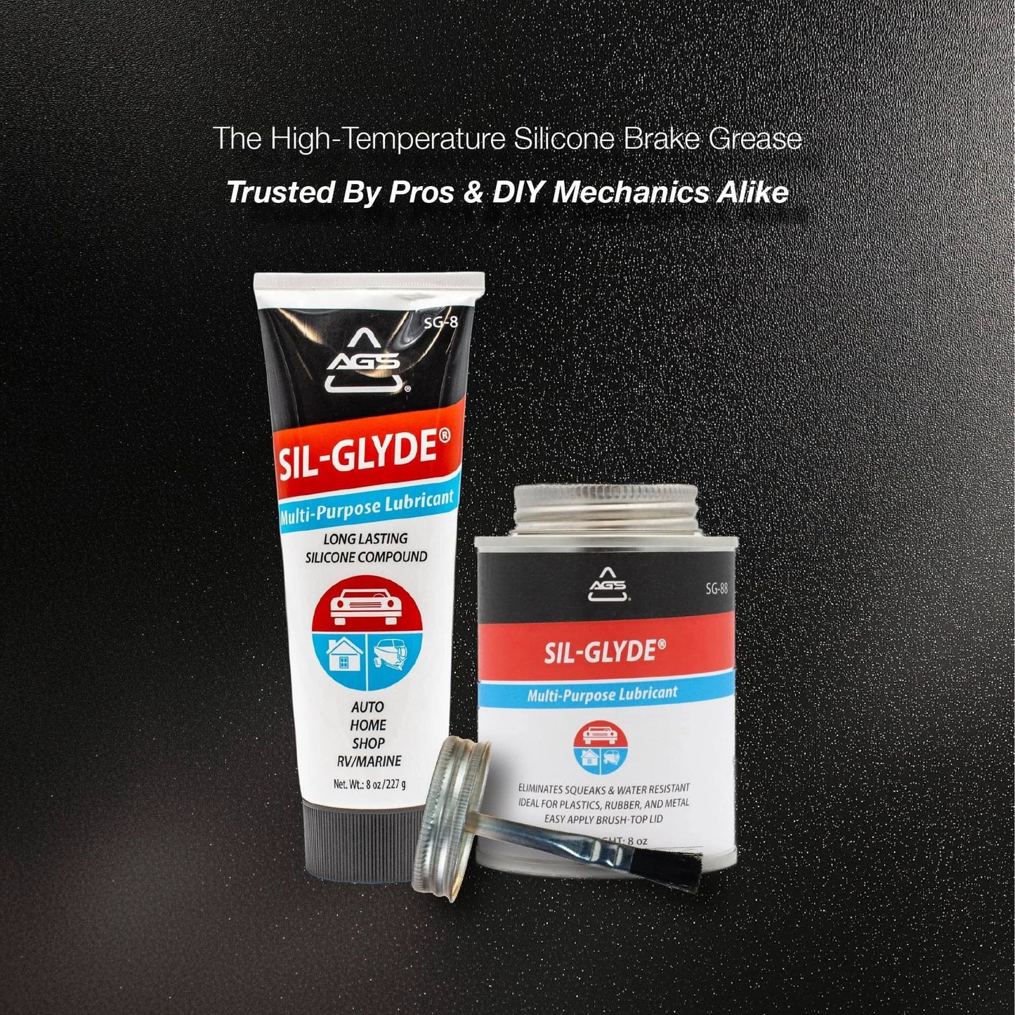 SIL-Glyde Multi-Purpose All-Weather Lubricating Compound for All Surfaces - 8 oz Tube and jar displayed on black surface