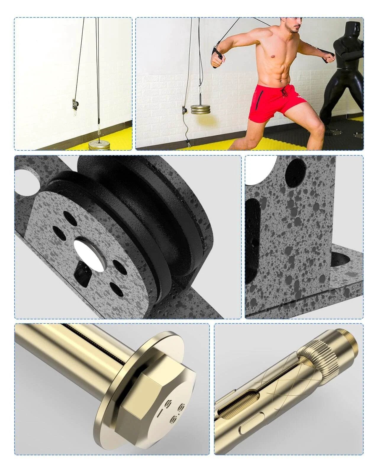 2 pack silent cable pulley wheel set for home gym use, showing heavy duty single mounted pulley blocks with fixed bearings, installed view