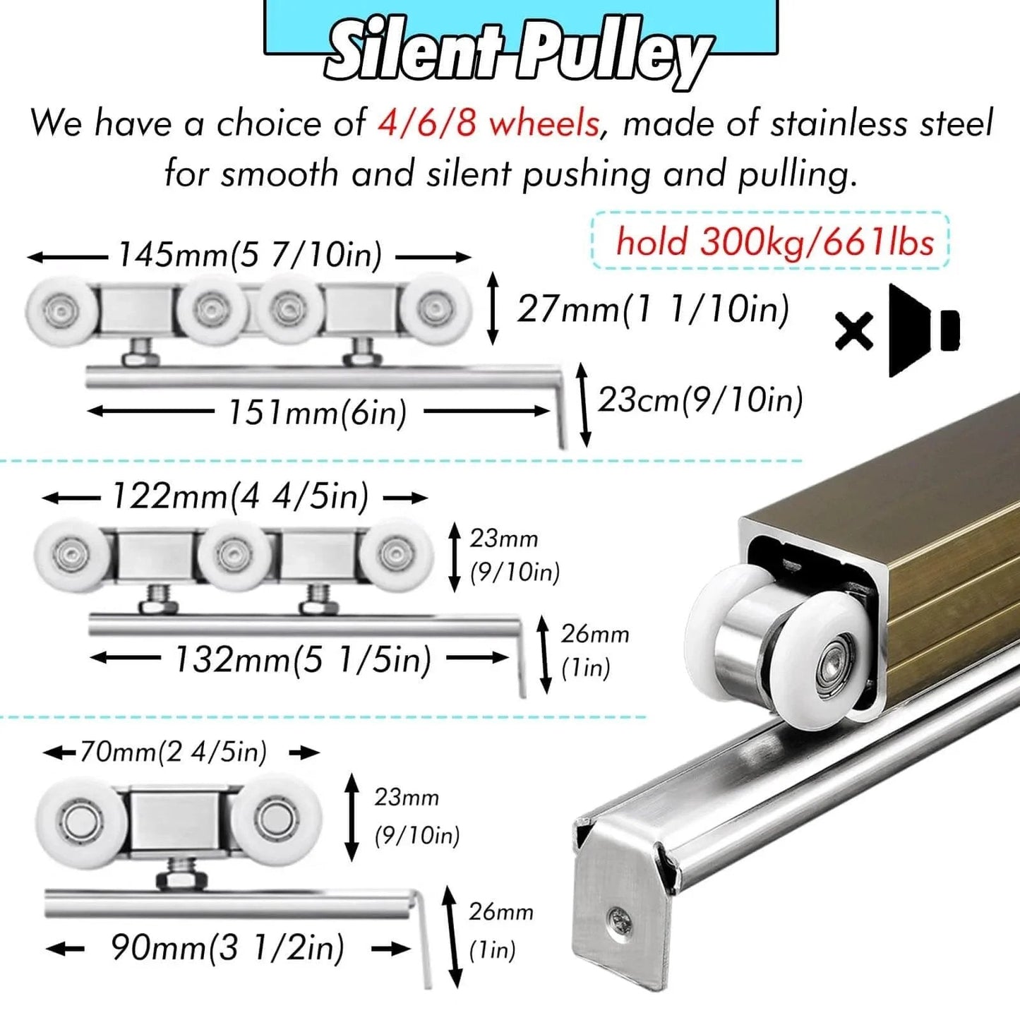 Diagram showing Bifold Closet Door Hardware Kit aluminum rollers and track measurements, supports 300kg, for silent operation.