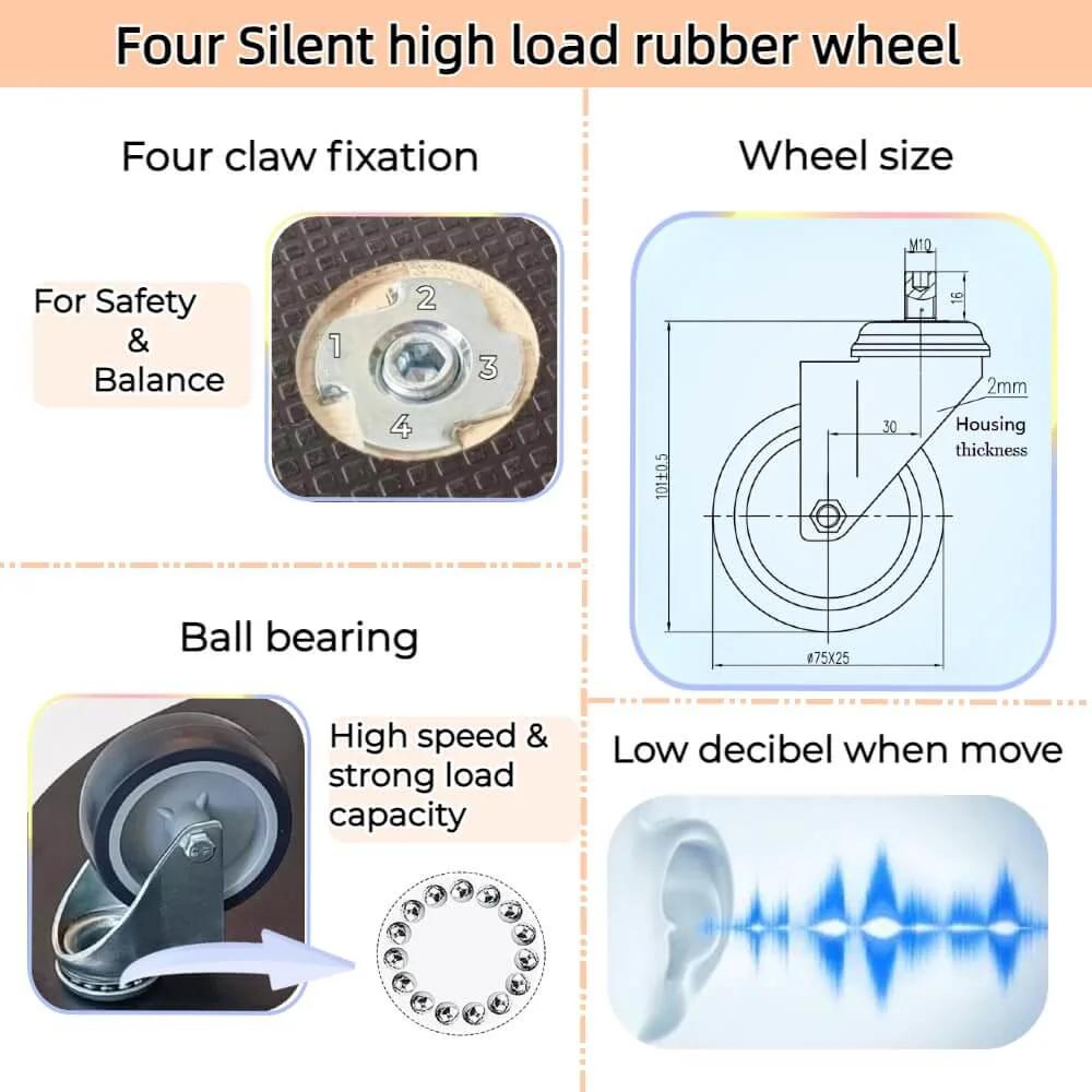 Diagram showing four silent high load rubber wheels with specifications and ball bearing for heavy duty spliceable wood furniture dolly set of 2