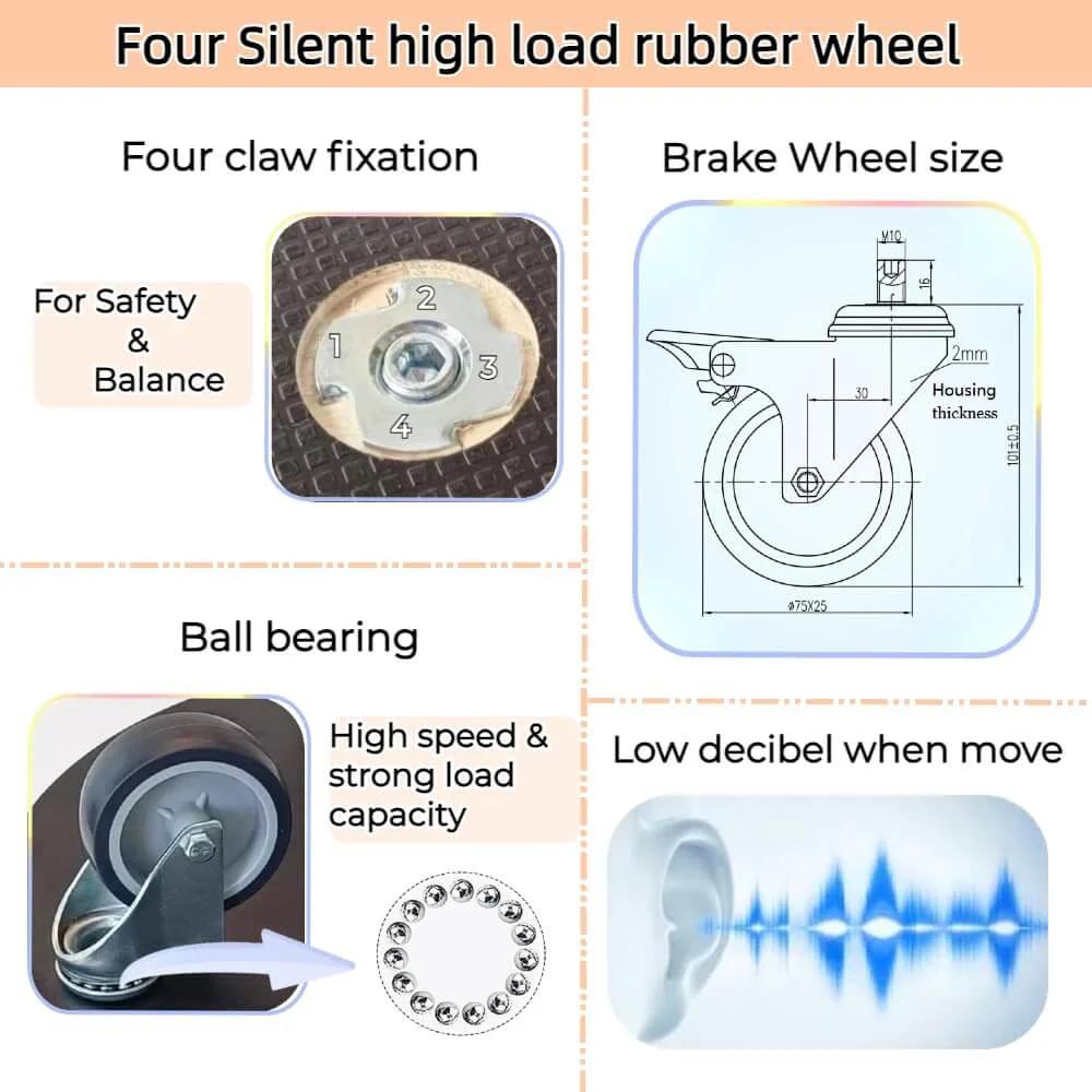 Diagram of four silent high load rubber wheels with brake size, ball bearing, four claw fixation, low noise movement.