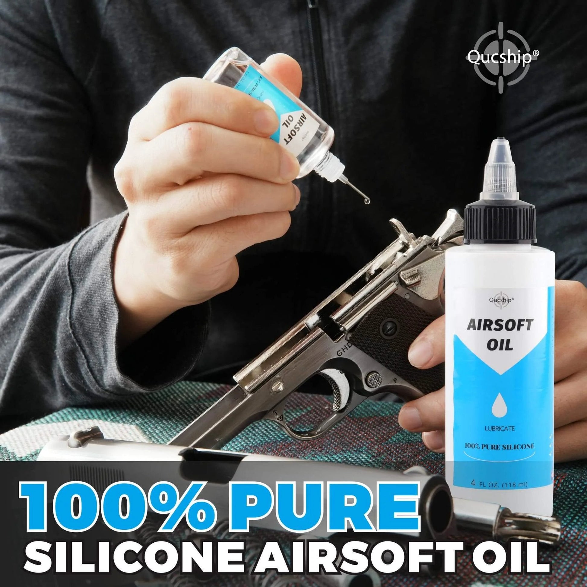 Application of Airsoft Oil 4 oz & 1 oz Needle Oiler 100% Silicone Air Gun Oil on a pistol