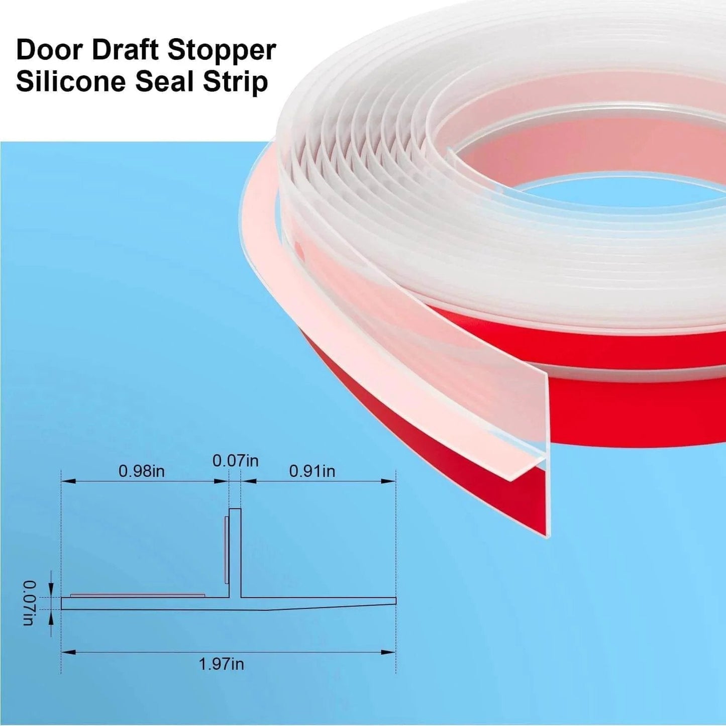 Image showing T-Shaped Door Draft Stopper, 1.97 in x 20 Ft Silicone Seal Strip for Windows Gaps with dimensions and clear material description.