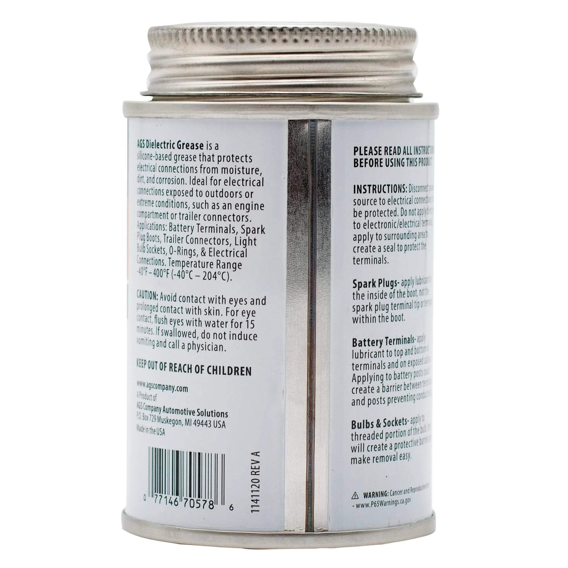 Side view of AGS Automotive Solutions Brush Top Can Dielectric Silicone Grease Compound, 4oz, information label visible.