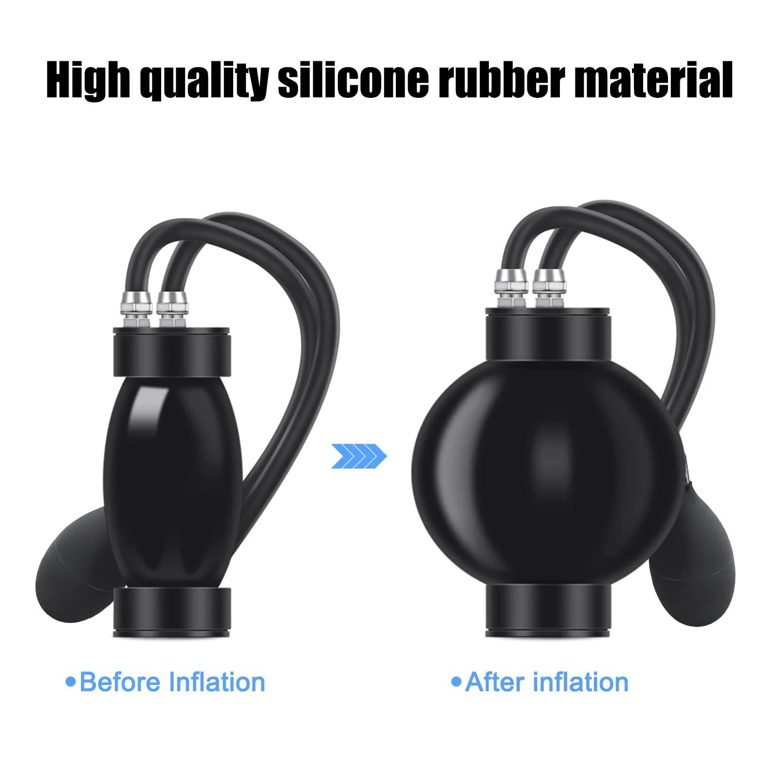 Universal Quick Intake Adapter With Heavy Duty Sealed Expandable Bladder For 12V Automotive Air Intake and Exhaust Leak Testing, side view before and after inflation.