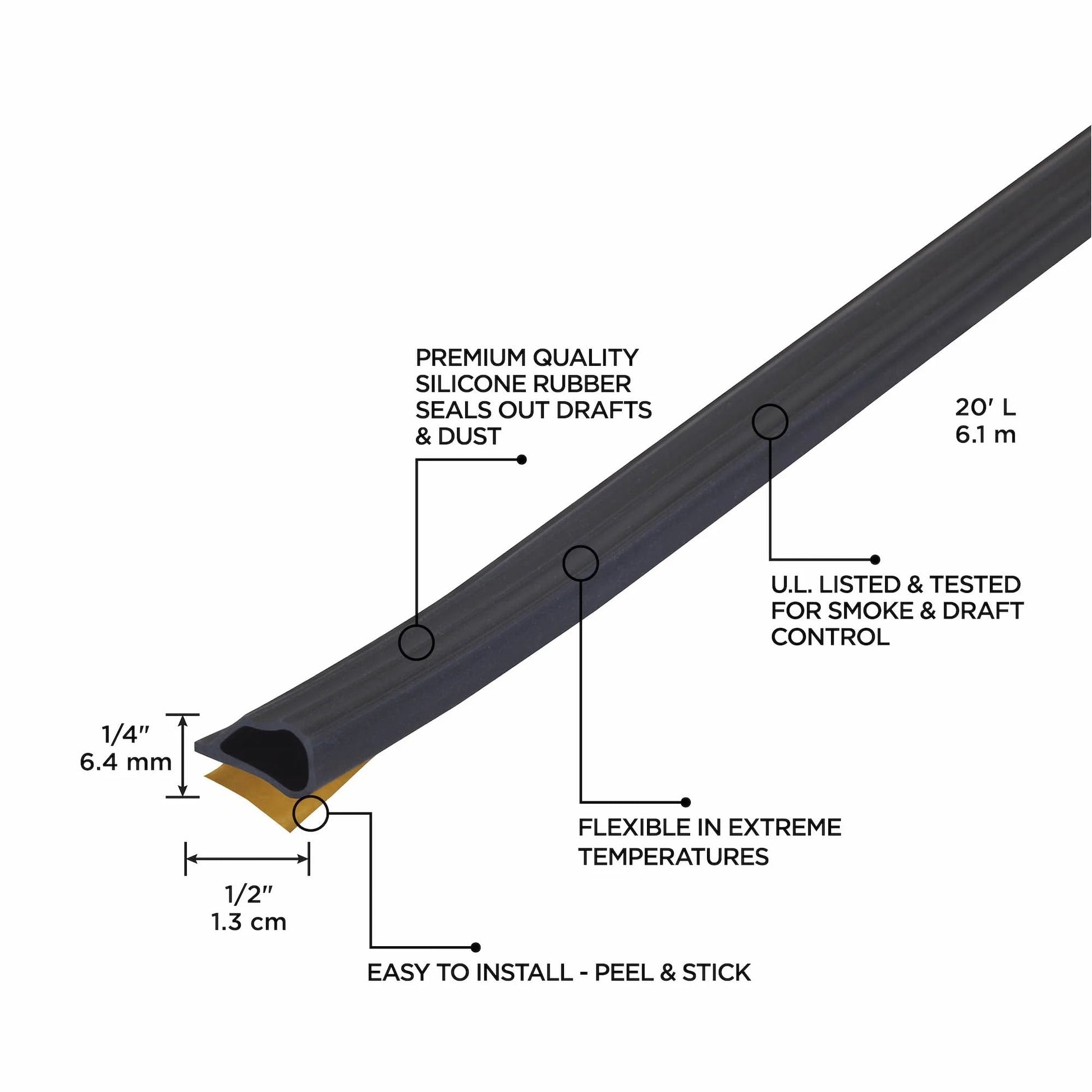 Highly Durable Silicone Rubber Gasket Seal For Doors And Windows Flexible In Extreme Temperatures Indoor And Outdoor Use No Hardware Required Self Sealing Weatherstripping For Gaps Black 20 Foot Length close-up view showing dimensions and features.
