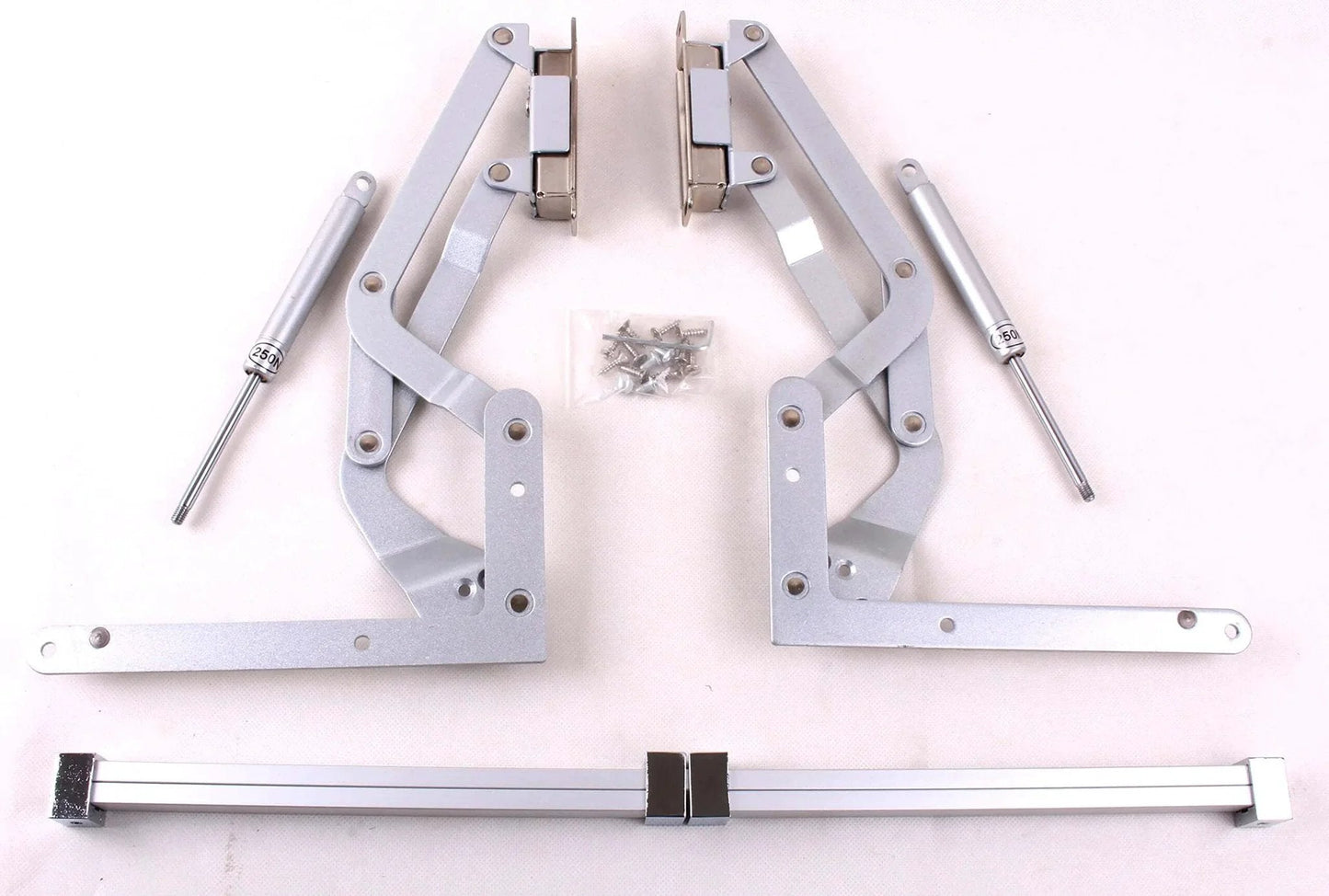 Cabinet Door Vertical Swing Lift Up Stay Pneumatic Arm Kitchen Mechanism Hinges (Silver) components on display