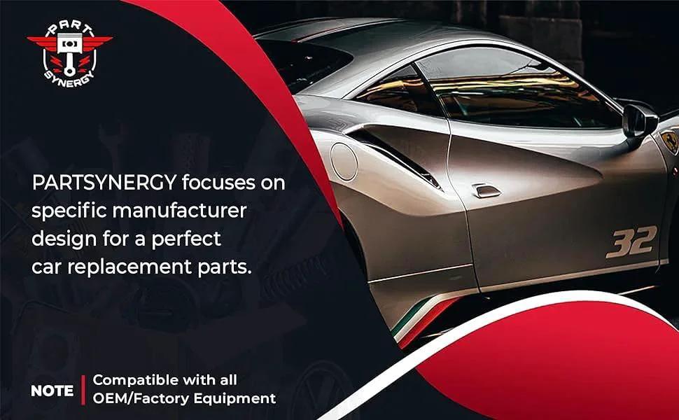 Car with PARTSYNERGY branding promoting car replacement parts and OEM compatibility.