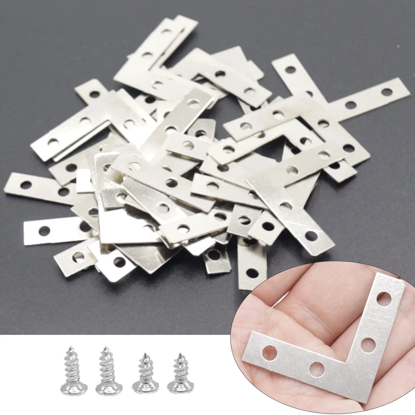 40 Pack Silver L Corner Brackets, 1.5x1.5inch Small Decorative Iron Corner Braces shown with mounting screws.
