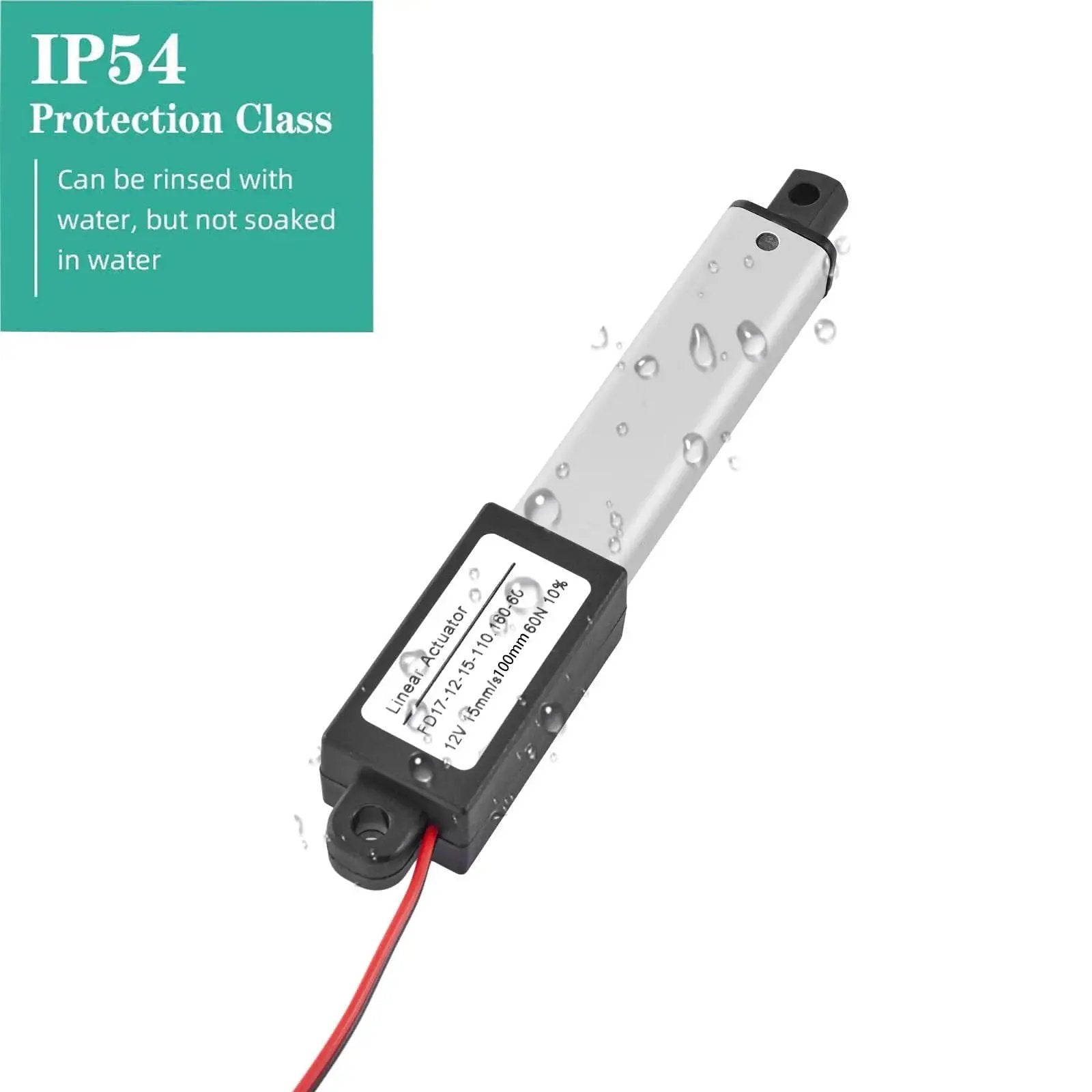 IP54 rated Compact 12V 4 Inch Linear Actuator AWINLI With 60N Thrust 15mm Per Second Speed, showing water resistance with droplets