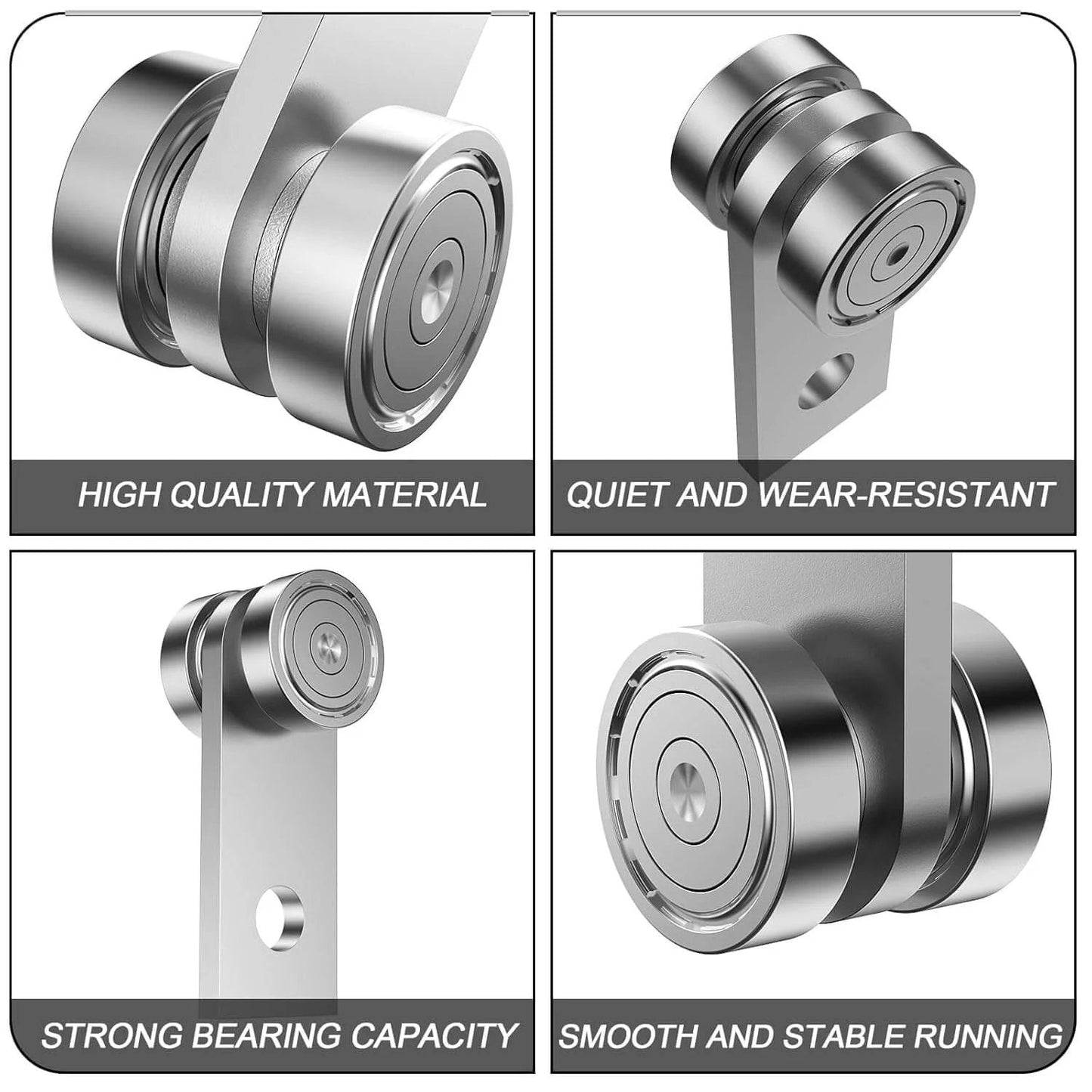 2 Wheel Trolley Assembly Rollers for 1-5/8 Inch Wide & Taller Strut Channel, showcasing silver carbon steel design, four views