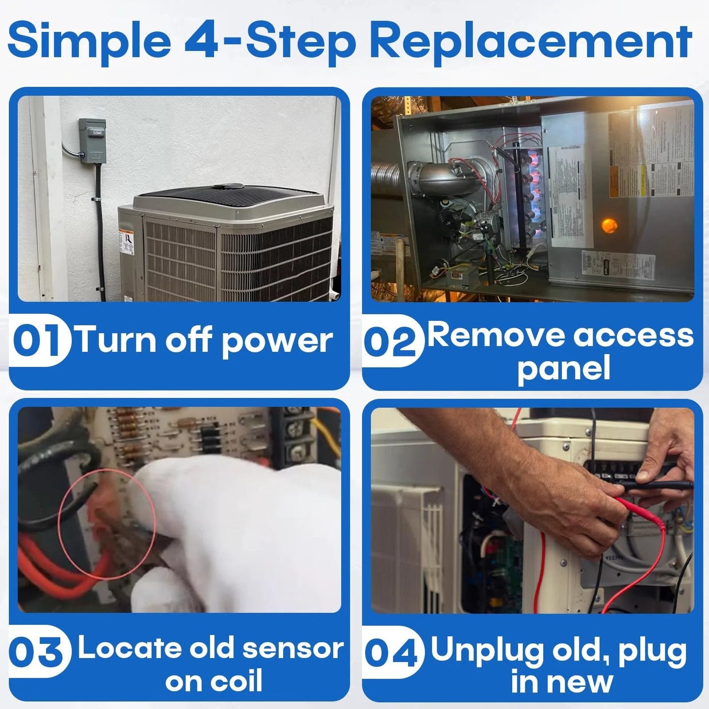 Simple 4-step replacement guide for defrost temperature sensor installation with images of outdoor unit and HVAC components.