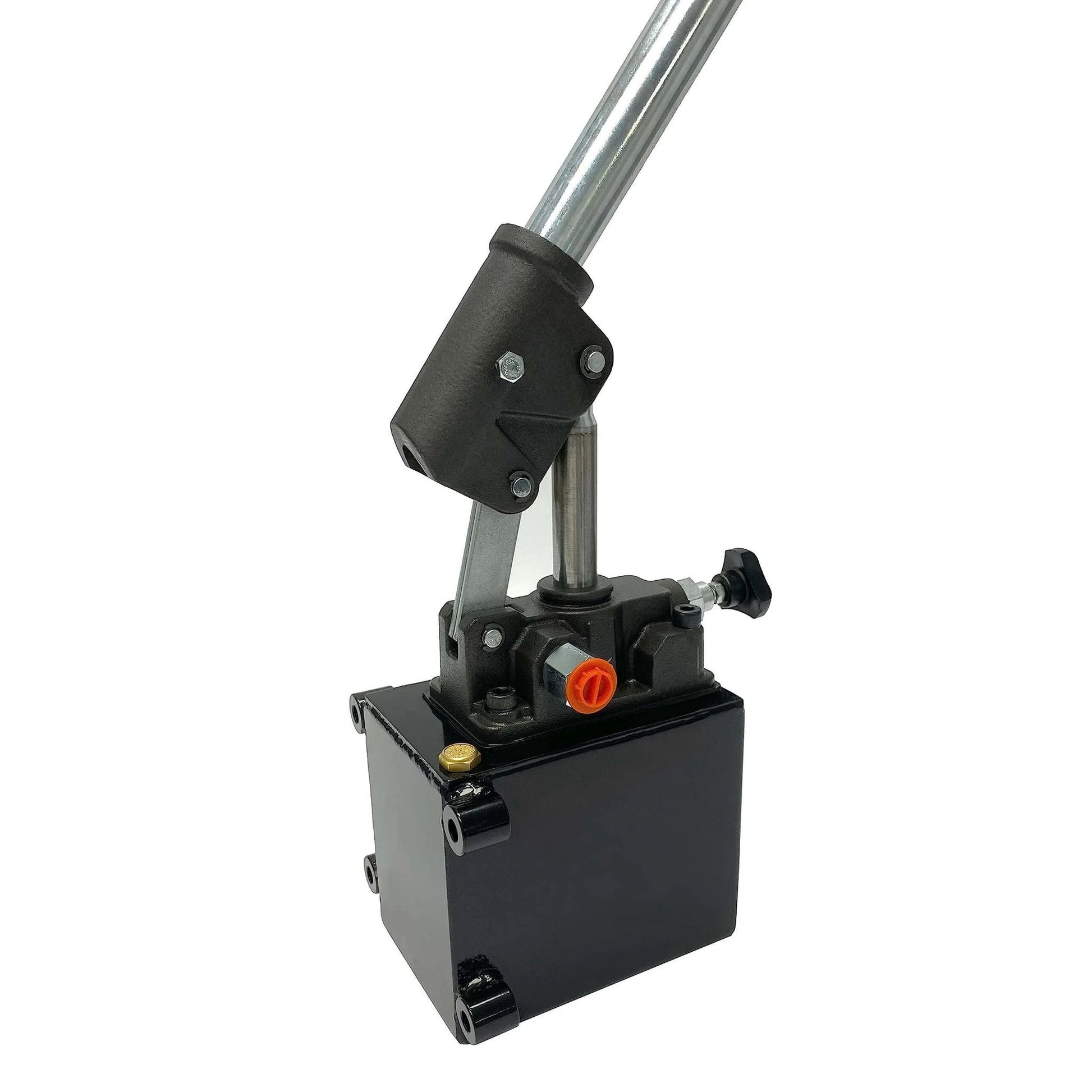 Close-up of Magister Hydraulics Single Acting Hydraulic Hand Pump with 1 QTs Tank, showing steel handle and changeover valve.