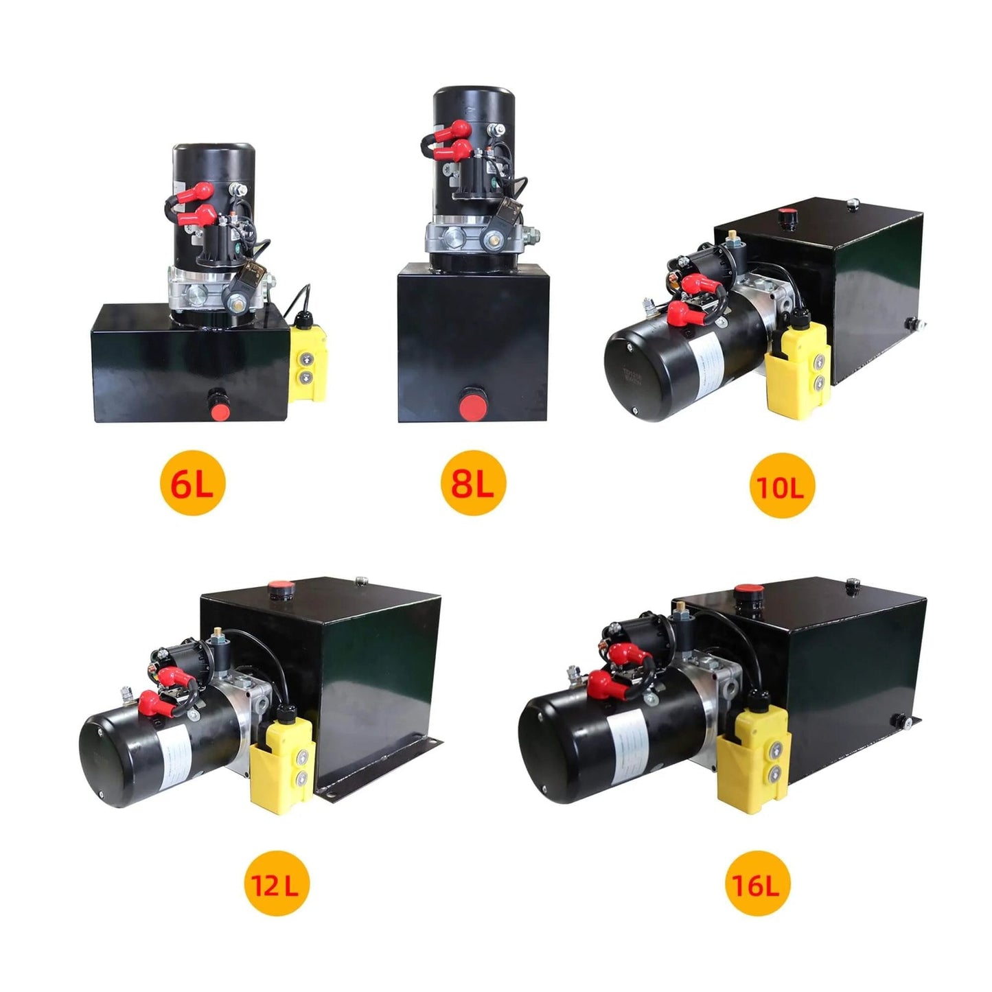 Various sizes of hydraulic power units displayed, including 6L, 8L, 10L, 12L, and 16L models with SAE#6 connectors for trailers.