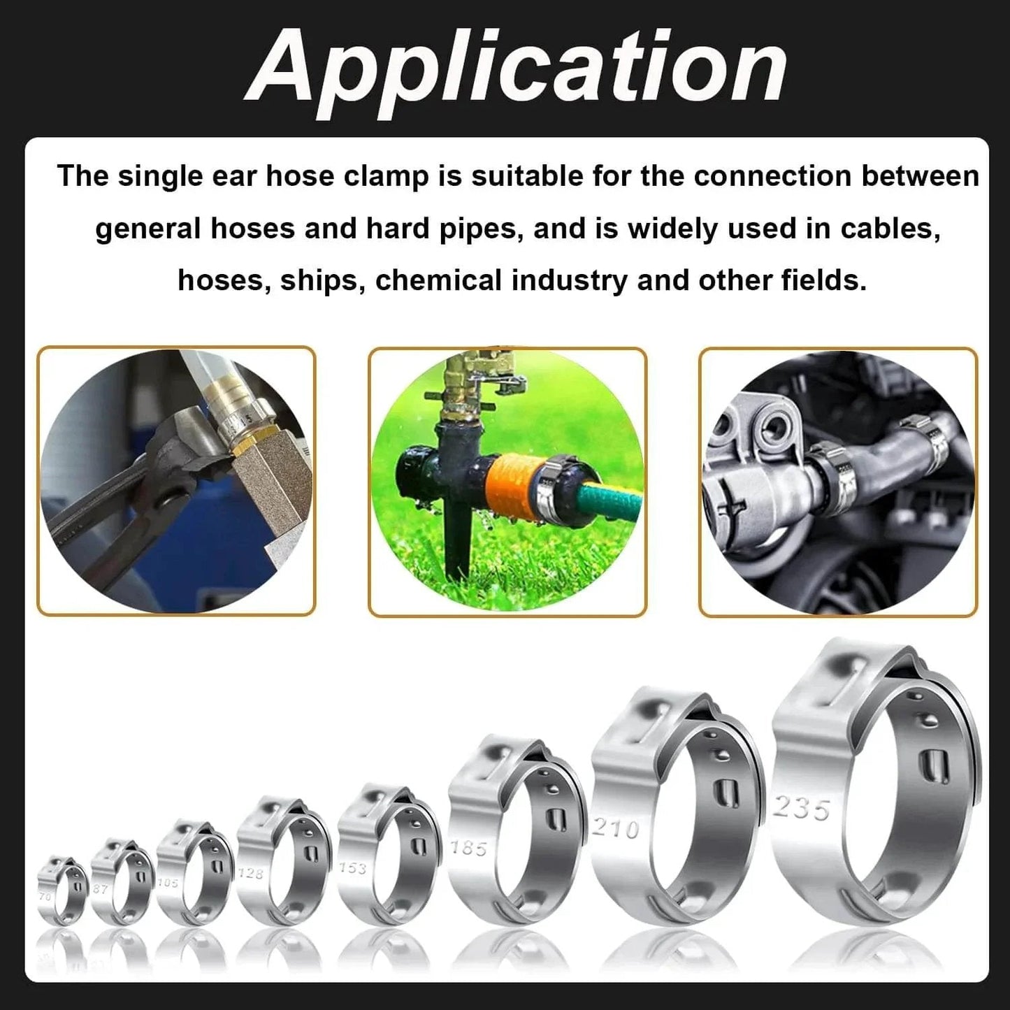 62 Piece 7 Size 304 Stainless Steel Single Ear Hose Clamps Crimp Hose Clamp Assortment Kit 6 To 23 Point 5 Millimeter Ideal For Automotive Home Appliance Water Pipe And Fuel Line Durable Corrosion Resistant Design For Long Lasting Performance In Auto And