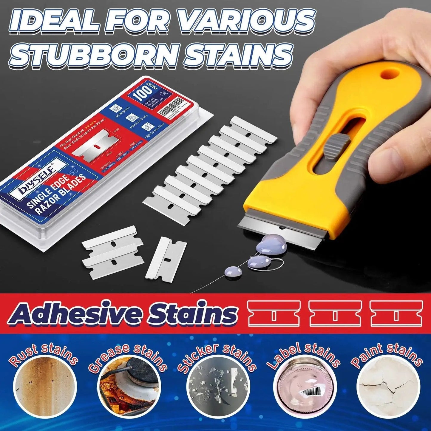 Single Edge Razor Blades Set With 100 High Carbon Steel Blades For Razor Scraper And Utility Knife Heavy Duty One Edge Blades displayed with tool