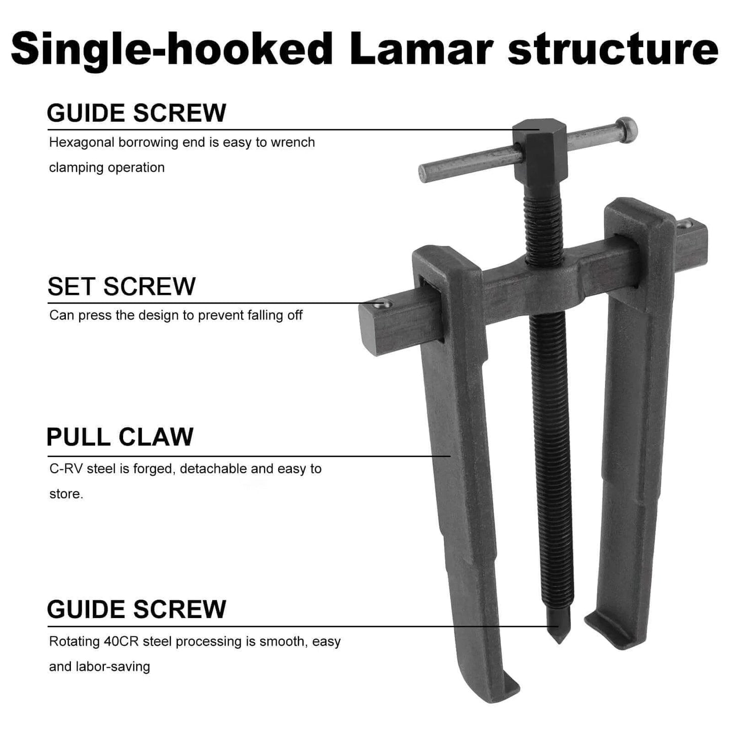 Two Jaws Bearing Puller/Remover, Adjustable Two Jaw Puller Tool, bearing puller with single-hooked Lamar structure and guide screws.