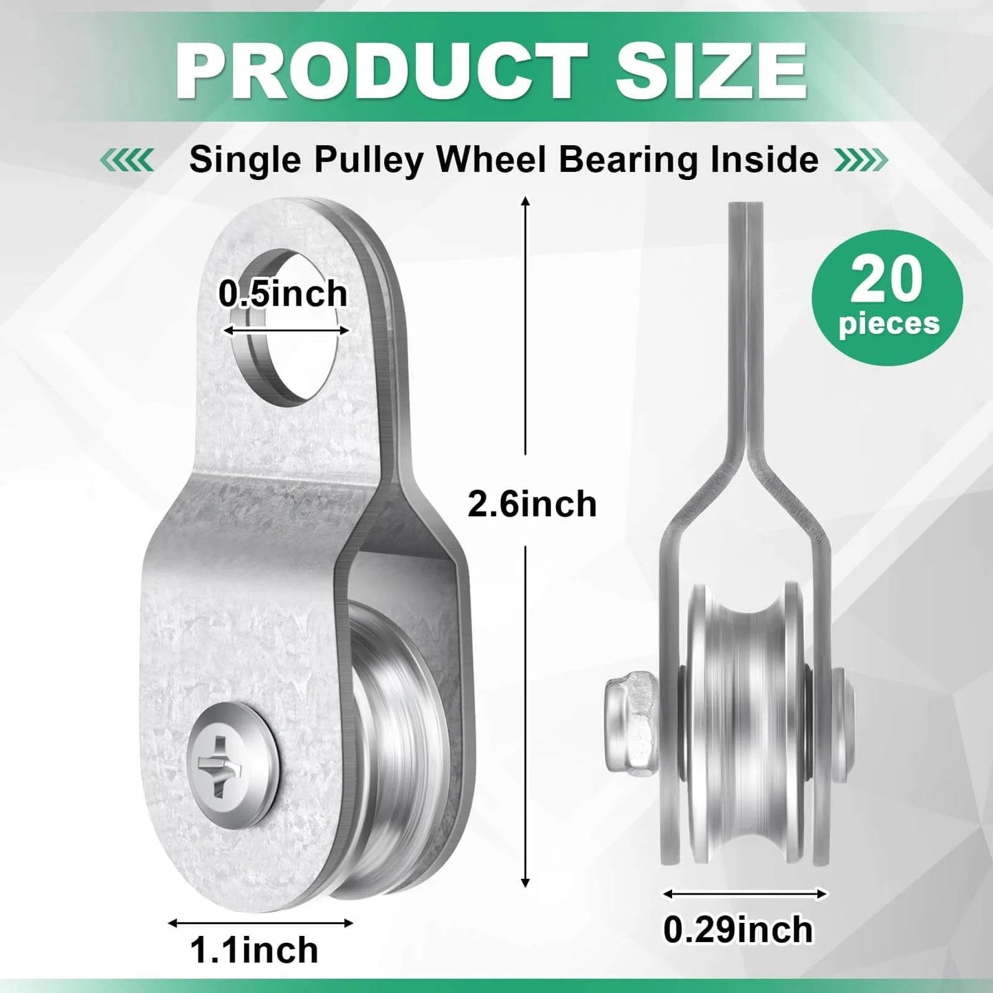 Side and front view of 20 Pcs Small Single Pulley Block Wheel Bearing Inside Cable Rollers for 6mm and 8mm Wire Rope, Load 70 Lb.