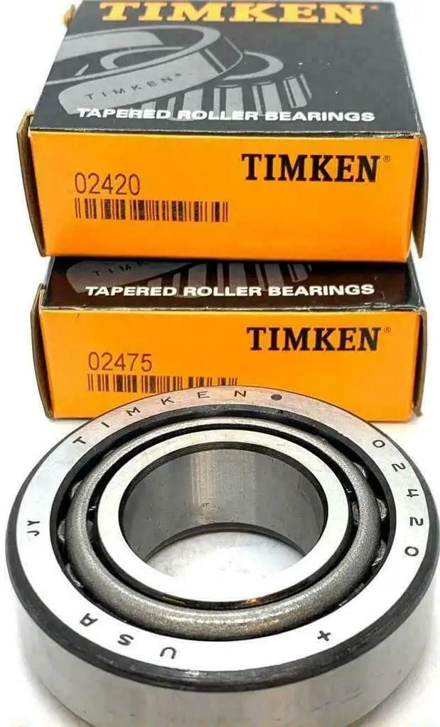 Single Row Tapered Roller Bearing 02475 02420 with 1.25 inch bore and 2.6875 inch OD, with Timken packaging in background