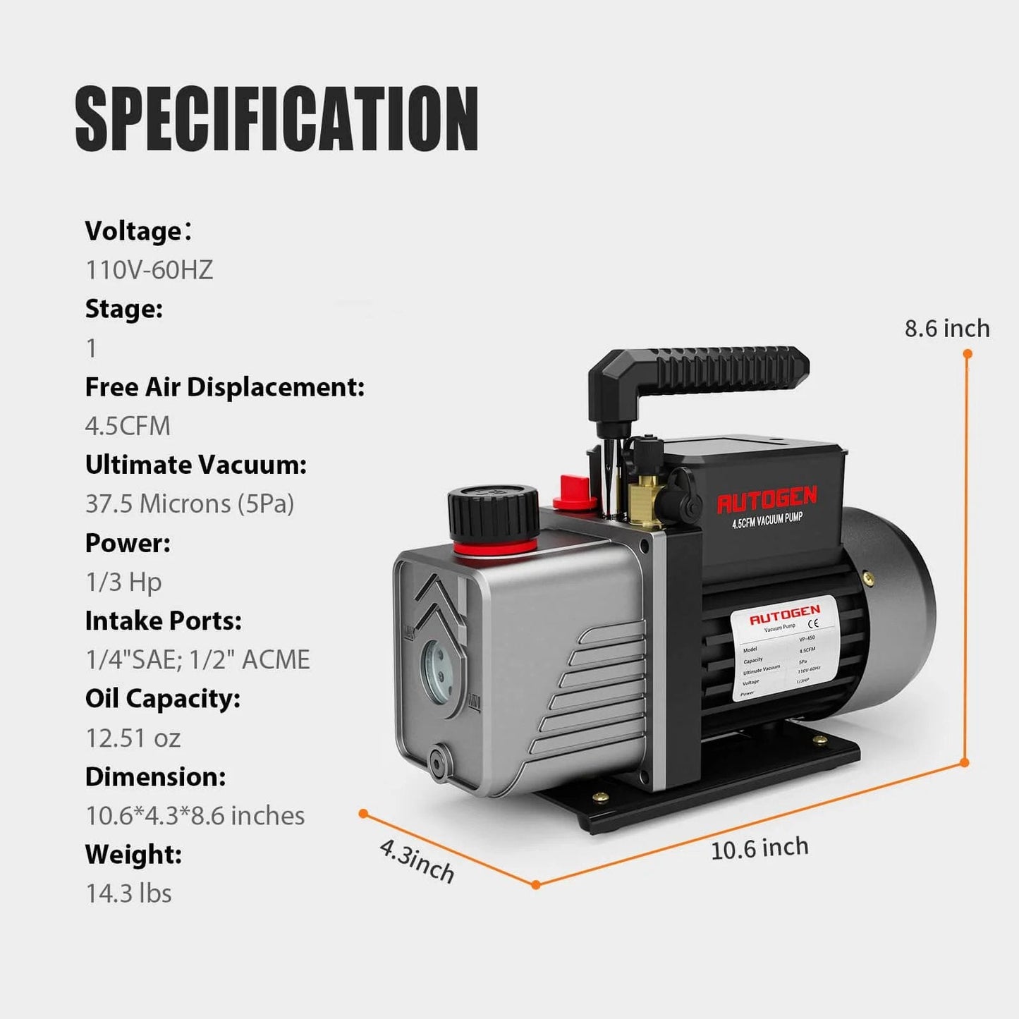 Single-Stage 4.5CFM Vacuum Pump, 1/3HP 5Pa 110V Air Vacuum Pump, rotary vane design, front view with specifications displayed
