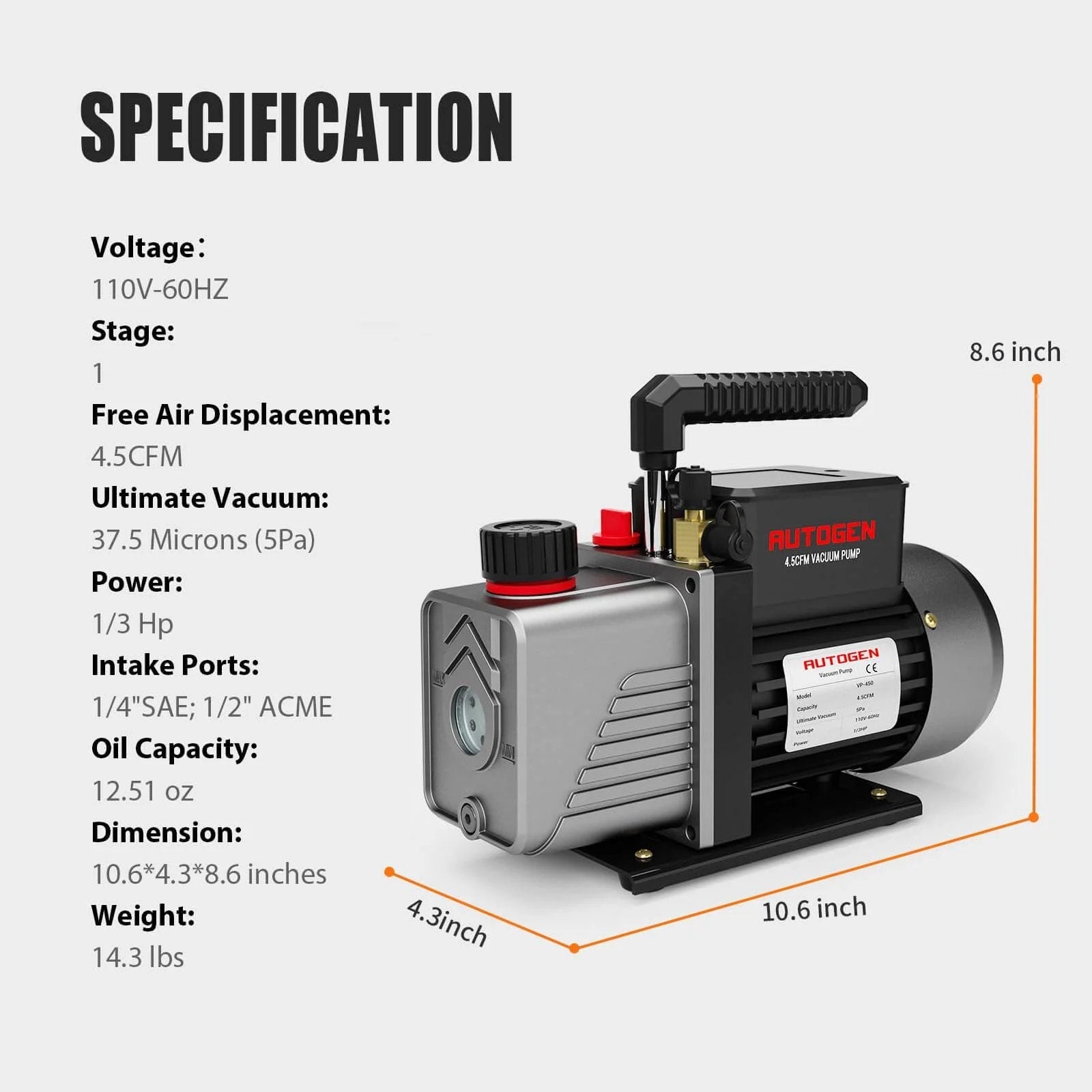 Single-Stage 4.5CFM Vacuum Pump, 1/3HP 5Pa 110V Air Vacuum Pump, rotary vane design, front view with specifications displayed