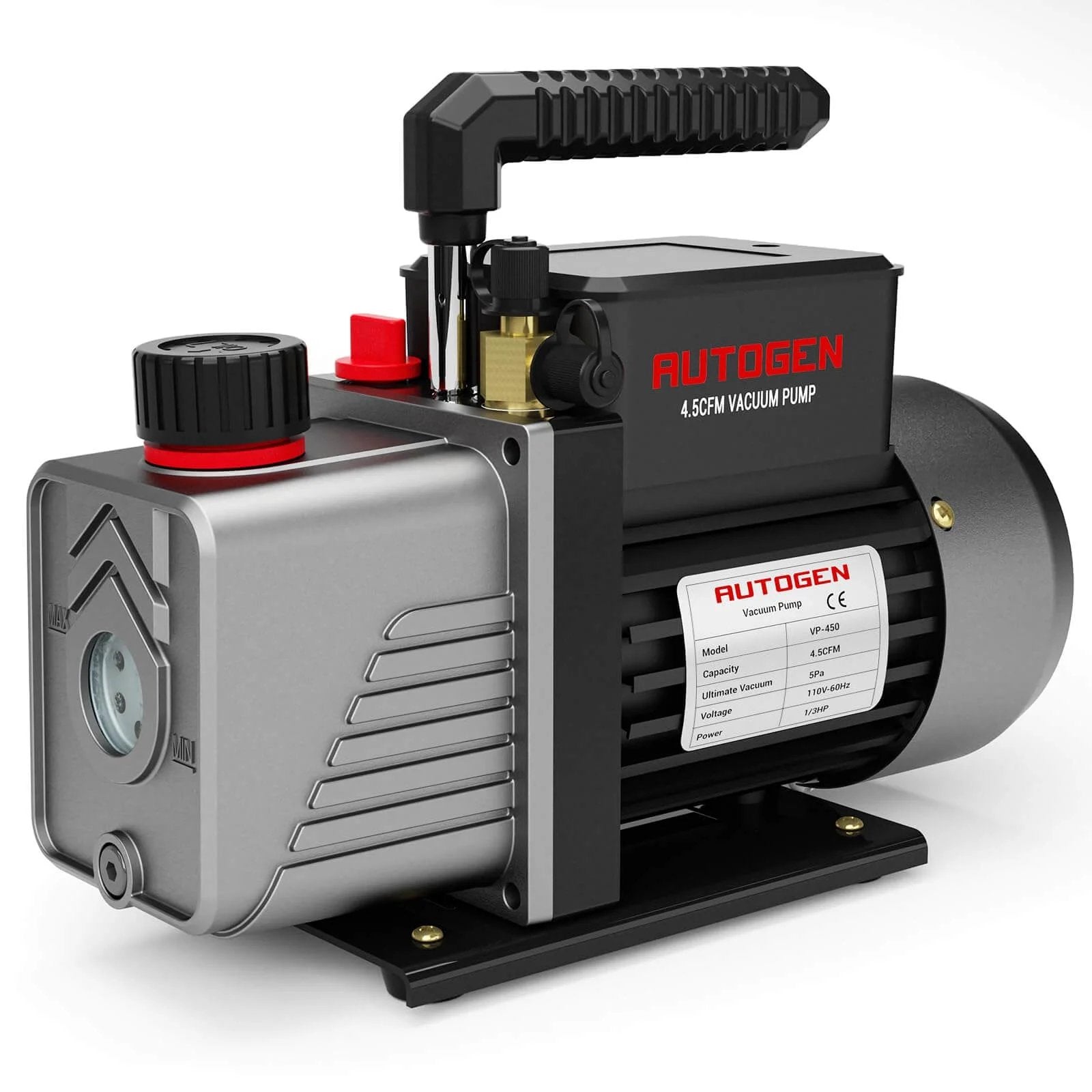 Single-Stage 4.5CFM Vacuum Pump, 1/3HP 5Pa 110V Air Vacuum Pump for R12 R22 R134a R410a, gray rotary vane, side view