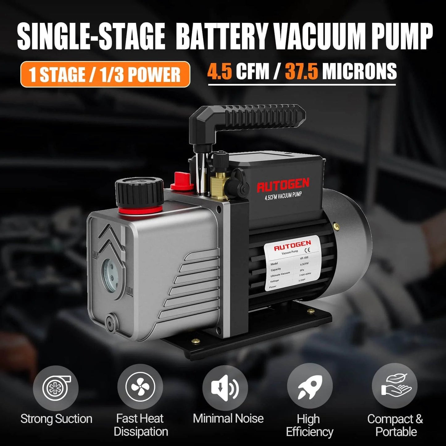 Single-Stage 4.5CFM Vacuum Pump, 1/3HP 5Pa 110V, rotary vane for HVAC auto AC refrigerant recharging shown in close-up view