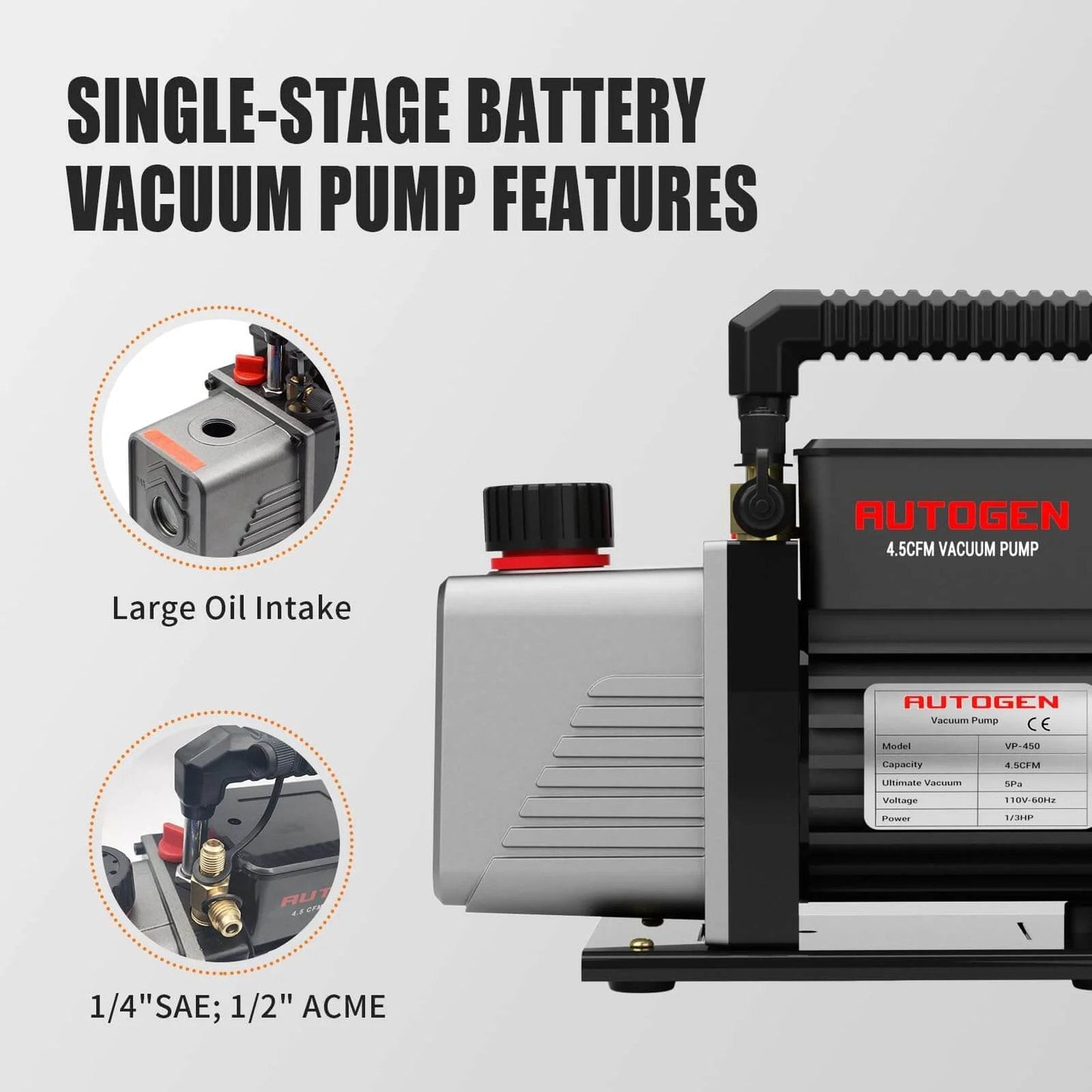 Single-Stage 4.5CFM Vacuum Pump, 1/3HP 5Pa 110V, highlighting oil intake and port features