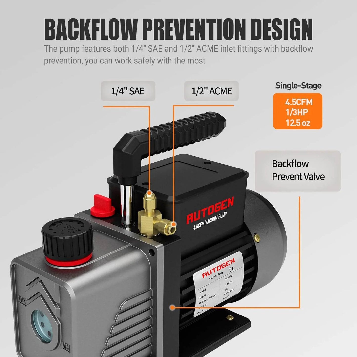 Single-Stage 4.5CFM Vacuum Pump, 1/3HP 5Pa 110V Air Vacuum Pump highlighting backflow prevention design and valve ports