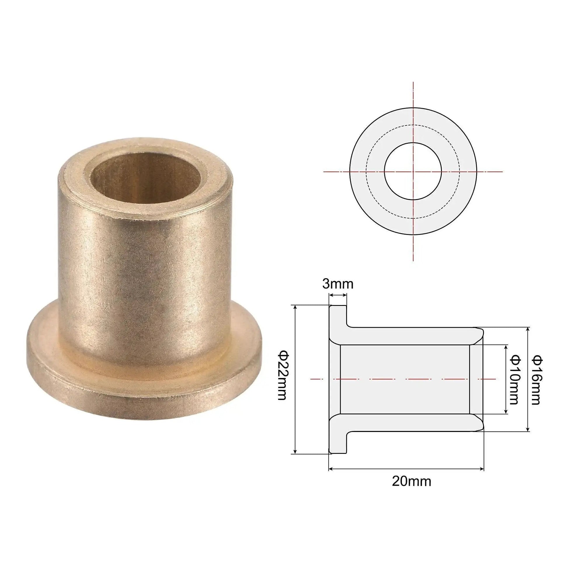 Flange Sleeve Bearings 10mm Bore 16mm OD 20mm Length 22mm Flange Diameter 3mm Flange Thickness Sintered Bronze